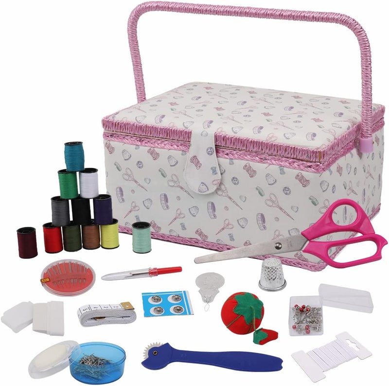 Nice Day Sewing Basket, Classic Fabric Design Sewing Kit Accessories Large Sewing Box Sewing Supplies Organizer and Storage Portable Sewing Kit Embroidery Box, 12.2 x 9.06 x 6.69 in (Big/Cut Theme White) - Image 1